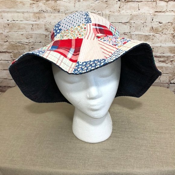Accessories - Vtg Reversible Denim Patchwork Hat Floppy